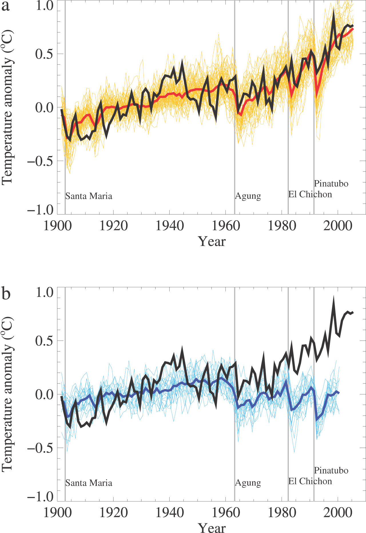 Model simulations of Anthropogenic+Natural and Natural only forcings